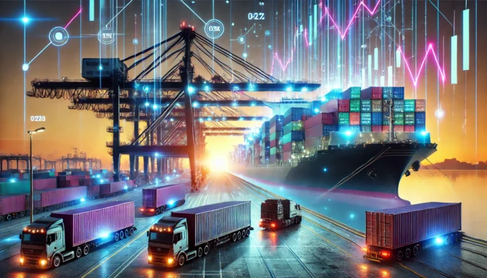 DALL·E 2025-01-20 16.31.36 - A surreal and futuristic container port at sunset, where large ships are unloading glowing containers filled with stock price symbols and financial gr