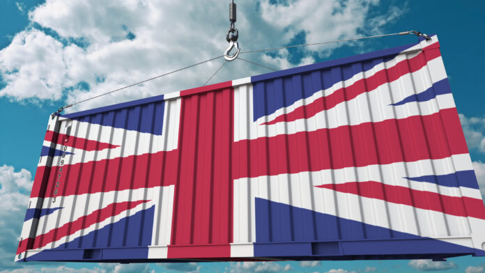 Container,With,Flag,Of,The,United,Kingdom.,British,Import,Or