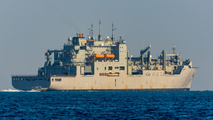 USNS Amelia Earhart (T-AKE-6) transits the Gulf of Tadjoura.