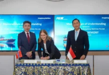 Kongsberg Maritime, PT PAL sign MoU on Indonesia decarbonisation From left: Louis Soh Hoei Chiang, Head of Kongsberg Maritime Aftermarket Sales for South East Asia and Taiwan, Norwegian Ambassador to Indonesia, Rut Krüger Giverin and Wiyono Komodjojo, Chief Marketing Officer (CMO) from PT PAL.