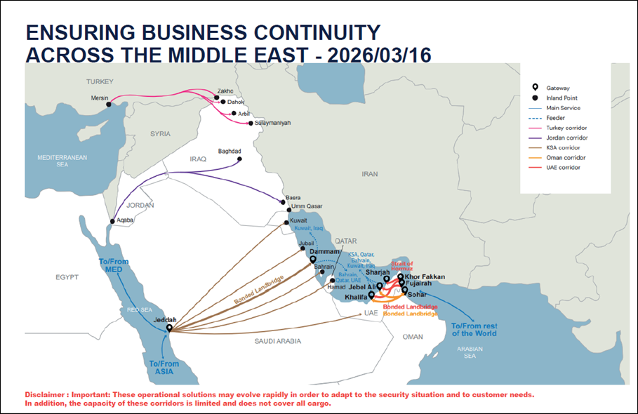 Map of multimodal logistics corridors deployed by CMA CGM to bypass the Strait of Hormuz and maintain Middle East supply chain continuity