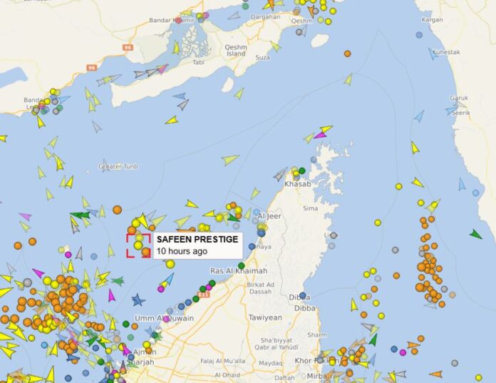 A Malta-flagged container ship, identified as the Safeen Prestige, was struck by a missile today, while transiting the Strait of Hormuz.