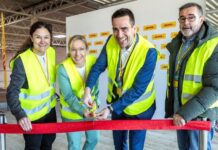 DHL builds carbon-neutral logistics center in Rheinbach from left Katrin Hölter, Chief Executive Officer DHL Supply Chain Germany & Alps; Marie Schäfer, Business Unit Director West DHL Supply Chain Germany & Alps; Dr. Daniel Phiesel mayor of Rheinbach, Bertram Persuhn branch manager