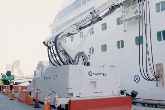 Cavotec´s PowerMove shore power system connected to a vessel.