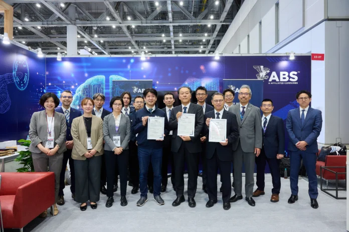 Photo Caption: Attendees gather at an ABS Approval in Principle (AIP) certificate ceremony during the 2026 Sea Japan International Maritime Exhibition and Conference. Pictured holding ABS AIP certificates (L to R): Kojiro Hatada, President and CEO, Innovative Space Carrier Inc. (ISC); Hiroyuki Kakehashi, Associate Executive Officer, Mitsui O.S.K. Lines, Ltd. (MOL); and Kenichi Shibata, President and Representative Director, TSUNEISHI SOLUTIONS TOKYOBAY Co., Ltd. (T-SOL). Also pictured: Timoteo Badalotti, ABS Principal Engineer, Global Sustainability (second from left); and Makoto Oba, ABS Director, Japan Business Development (third from right).