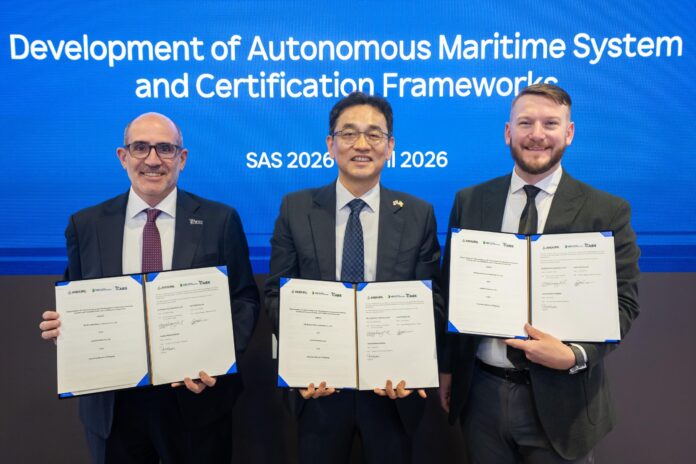 Photo Caption (L to R): Paul Karam, ABS Executive Vice President, Operations; Kwang-Pil Chang, Senior Executive Vice President and Chief Technology Officer, HD Korea Shipbuilding & Offshore Engineering; and Cory Emmons, General Manager, Surface Dominance Division, Anduril Industries, at a signing ceremony during the 2026 Sea Air and Space Expo in National Harbor, Maryland.