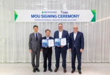 ABS and HD KSOE partner on digital shipbuilding and autonomous vessel technologies Photo Caption (L to R): Ki-sun Chung, Chairman & CEO, HD Hyundai; Hyung Kwan Kim, President & CEO of HD Korea Shipbuilding & Offshore Engineering; Patrick Ryan, ABS Senior Vice President and Chief Technology Officer; and John McDonald, ABS Chairman and CEO