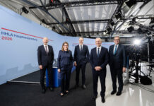 HHLA shareholders approve transfer of class A shares to majority owner HHLA / Nele Martensen HHLA Executive Board with Supervisory Board Chairman at the 2026 Annual General Meeting (from left to right: Executive Board members Jens Hansen, Annette Geiß and Torben Seebold, Chief Executive Officer Jeroen Eijsink, Supervisory Board Chairman Marcus Vitt)