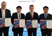 ABS joins autonomous bridge concept study for VLOCs (L to R): Patrick Ryan, ABS Senior Vice President and Chief Technology Officer; HunHee Lee, HD HHI Senior Engineer; DoHoon Kim, Polaris Shipping Executive Vice President and Chief Operating Officer; and Jaeho Kang, Avikus CEO at Posidonia 2026