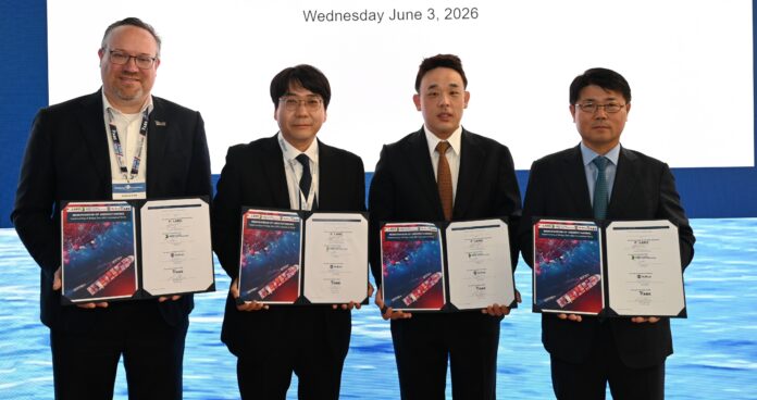 (L to R): Patrick Ryan, ABS Senior Vice President and Chief Technology Officer; HunHee Lee, HD HHI Senior Engineer; DoHoon Kim, Polaris Shipping Executive Vice President and Chief Operating Officer; and Jaeho Kang, Avikus CEO at Posidonia 2026