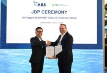 ABS and HD HHI launch U.S.-flag tanker project (L to R): Yihyo Chung, HD HHI Senior Vice President/Initial Design Office (Medium Size Ship) and Patrick Ryan, ABS Senior Vice President and Chief Technology Officer at Posidonia 2026
