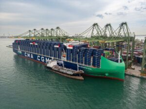 The CMA CGM Notre Dame, the world's largest containership, has made its maiden call at the Port of Singapore.