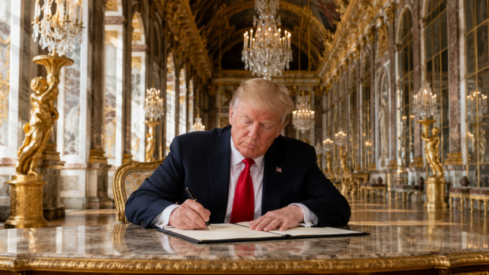 Trump signed the interim deal at Versailles. The strait's reopening status remains unconfirmed, and mine clearance is still pending.