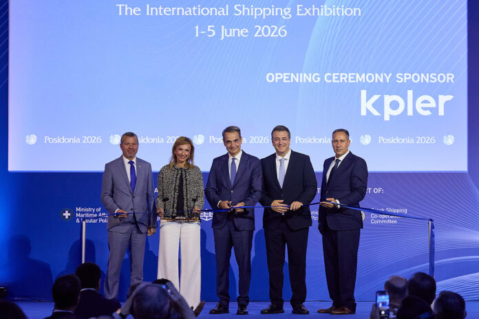 (from left) Mr. Arsenio Dominguez, Secretary-General of the International Maritime Organisation (ΙΜΟ) Mrs. Melina Travlos, President of the Union of Greek Shipowners (UGS) Mr. Kyriakos Mitsotakis, Prime Minister of Greece Mr. Apostolos Tzitzikostas, European Commissioner for Sustainable Transport and Tourism Mr. Theodore Vokos, Managing Director of Posidonia Exhibitions S.A.