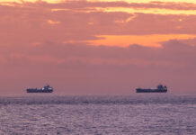 IMO pauses Strait of Hormuz evacuation after vessel attack Tanker ships with oil floating idle on calm ocean horizon at sunset, waiting for channel strait unblocking