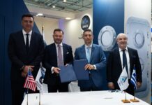 Antipollution and ONEX plan waste collection vessels to ABS class (L to R): Vasilis Kikilias, Minister of Maritime Affairs and Insular Policy of Greece; Panos Xenokostas, President & CEO of ONEX Shipyards & Technologies; Vyron Vasileiadis, Chairman & CEO of V Group; and Vassilios Kroustallis, ABS Executive Vice President, Business Development and Chief Commercial Officer