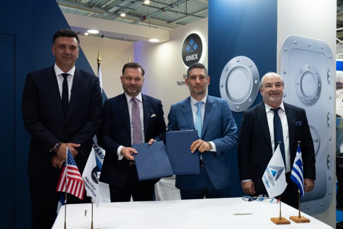 (L to R): Vasilis Kikilias, Minister of Maritime Affairs and Insular Policy of Greece; Panos Xenokostas, President & CEO of ONEX Shipyards & Technologies; Vyron Vasileiadis, Chairman & CEO of V Group; and Vassilios Kroustallis, ABS Executive Vice President, Business Development and Chief Commercial Officer (L to R): Vasilis Kikilias, Minister of Maritime Affairs and Insular Policy of Greece; Panos Xenokostas, President & CEO of ONEX Shipyards & Technologies; Vyron Vasileiadis, Chairman & CEO of V Group; and Vassilios Kroustallis, ABS Executive Vice President, Business Development and Chief Commercial Officer
