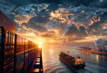 Asia-Europe services remain at the heart of global container shipping A cinematic illustration depicting the global container shipping network, featuring stacked shipping containers in the foreground, a large containership sailing toward a modern container port at sunset, and an illuminated world map with interconnected trade routes spanning Asia, Europe, North America, Africa and Oceania, symbolizing the central role of Asia-Europe services in global liner shipping.