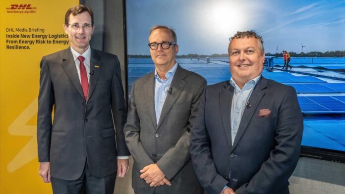 from left to right: Tobias Meyer, CEO DHL Group, Oscar de Bok, CEO DHL Global Forwarding and Martyn Lawns, SVP New Energy growth initiative and CEO Industrial Projects, at the New Energy media briefing