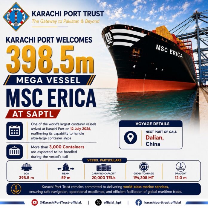 Karachi Port handles 20,000-TEU MSC Erica during landmark call Karachi Port handles 20,000-TEU MSC Erica during landmark call