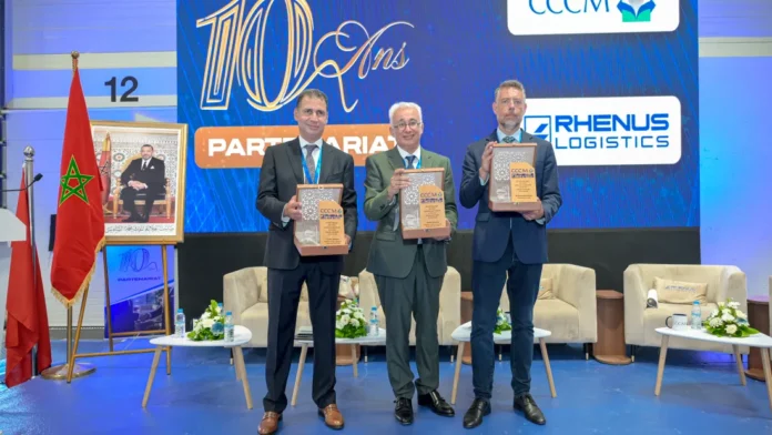 Rhenus and CCCM celebrate 10 years of successful partnership, marking a decade of joint achievements and a shared commitment to delivering reliable and innovative logistics solutions across Morocco and international markets. From left to right: Mohammed Moreno, Managing Director of CCCM; Ismaïl Fassi-Fihri, General Director of Groupe Safari; and Xavier Gimenez, Member of the Overland Steering Committee at Rhenus. Credit: Rhenus Group.