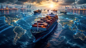 Epic cinematic illustration of a global container shipping fleet sailing across a stylized world map, symbolizing international maritime trade, fleet capacity and worldwide shipping connectivity.