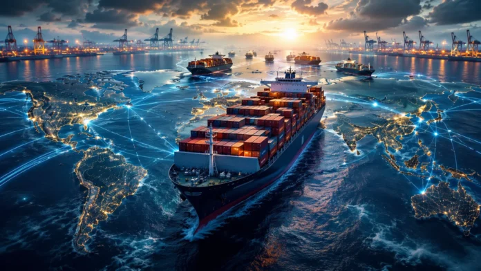 ChatGPT Image 15 Ιουλ 2026, 01_50_38 μ.μ.-cleaned Epic cinematic illustration of a global container shipping fleet sailing across a stylized world map, symbolizing international maritime trade, fleet capacity and worldwide shipping connectivity.