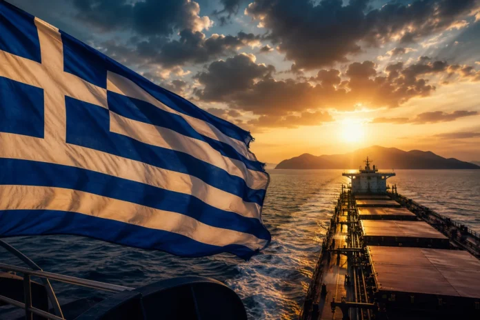 Ship in the sea during sunset and the Greek flag