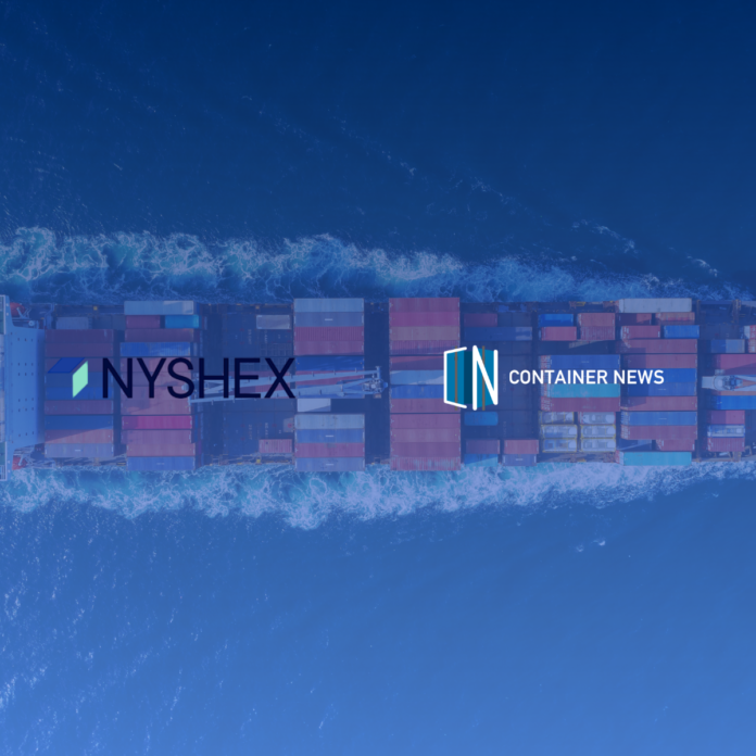 NYSHEX and Container News Logo's, under a container ship in blue template