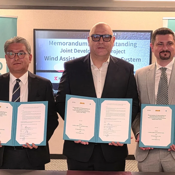 (l-r) Kwan-Ho Song, CMO of K Shipbuilding; Nikolas Vaporis, Chief Technical Officer, Capital Ship Management Corp; and Joe Borg, Maritime Strategy Director, LR.