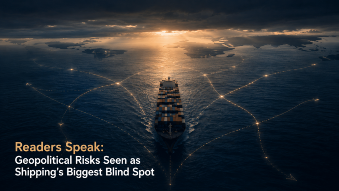 Readers Speak: Geopolitical risks seen as shipping's biggest blind spot A cinematic aerial view of a container ship sailing across a dark ocean beneath dramatic storm clouds, with glowing global shipping routes extending toward distant continents at sunrise, symbolizing the growing influence of geopolitical risks on international maritime trade. Readers Speak: Geopolitical risks seen as shipping's biggest blind spot