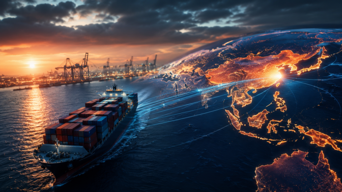 Cinematic illustration of a container ship sailing from Asia toward global markets with a digital trade network overlay, symbolizing East Asia's dominance in global container exports.