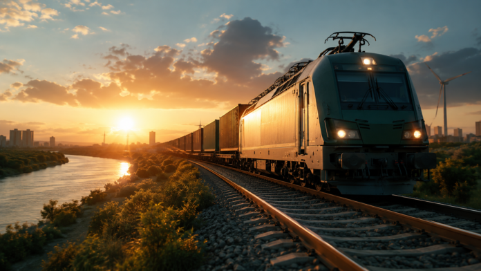 Cinematic freight train carrying intermodal containers across a European rail corridor at sunset, symbolising EU ETS rail funding, sustainable freight transport and multimodal logistics. Cinematic freight train carrying intermodal containers across a European rail corridor at sunset, symbolising EU ETS rail funding, sustainable freight transport and multimodal logistics.