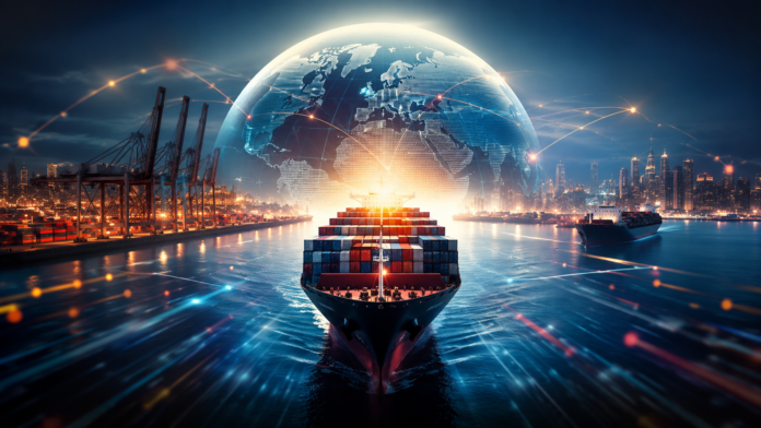 Cinematic illustration of a container ship sailing toward a glowing digital globe above a modern seaport, symbolizing East Asia's leading role in global container exports and international maritime trade.