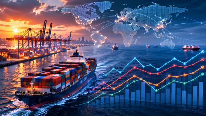 Container ship sailing past a major port with global trade data visualizations and shipping routes symbolizing worldwide TEU liftings and container transport trends.