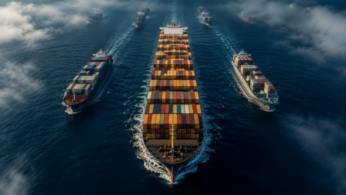 Aerial view of a large container ship leading a group of container vessels across the open ocean, illustrating the scale and competitive landscape of the global container shipping industry.
