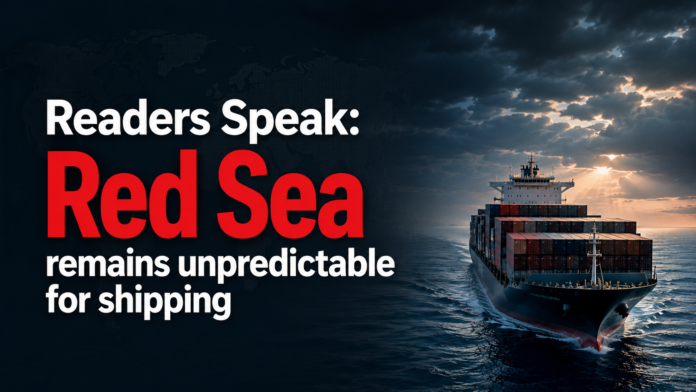 Readers Speak: Red Sea remains unpredictable for shipping Readers Speak: Red Sea remains unpredictable for shipping – cinematic editorial cover featuring a container ship sailing through the Red Sea beneath dramatic storm clouds, symbolizing continued uncertainty and risk across one of the world's most strategic maritime trade routes.