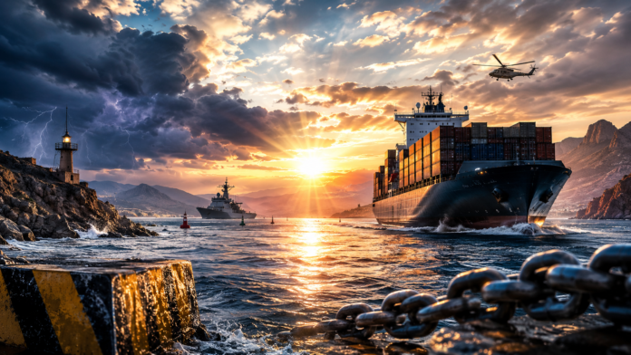 Cinematic cover image showing a large container ship transiting the Strait of Hormuz at sunset under dramatic storm clouds, accompanied by a naval vessel and helicopter, symbolizing ongoing maritime security risks and the vulnerability of global shipping routes.