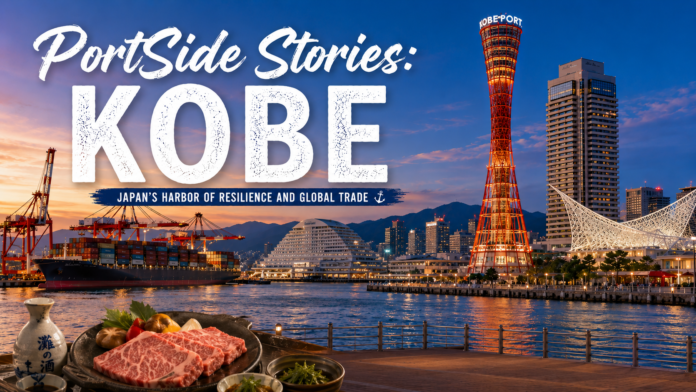 PortSide Stories: Kobe PortSide Stories: Kobe cover image featuring the Port of Kobe at sunset with container cranes, a container ship, Kobe Port Tower, the waterfront skyline, and Kobe beef in the foreground, highlighting the city's maritime trade, resilience, and culinary heritage.
