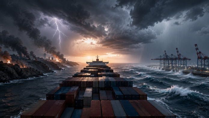 Cinematic container ship navigating rough seas between stormy weather, a fire-affected coastline and a disrupted port, symbolizing geopolitical shocks and the challenges of planning global shipping operations.