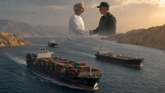 ommercial vessels passing through Hormuz Strait, while an Omani official and and IRGC officer are shaking hands on the background.
