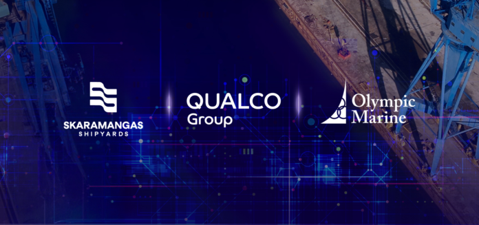 Qualco-Group-Skaramagkas-Shipyards-Olympic-Marine-2048x962 Skaramangas Shipyards, Qualco Group and Olympic Marine logos over a shipyard and digital technology background.