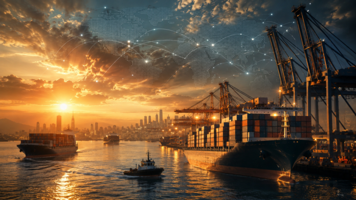 Global container port throughput exceeds 1 billion TEU in 2025 Cinematic container port at sunset with cargo ships, cranes and a global trade network map in the background.