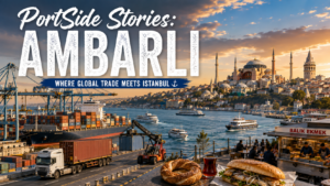 PortSide Stories: Ambarlı cover image featuring a container ship, cranes and cargo operations at Ambarlı alongside Istanbul’s iconic skyline, Bosphorus ferries, Hagia Sophia and Galata Tower, with traditional simit, Turkish tea and balık ekmek highlighting the city’s maritime trade and culture.