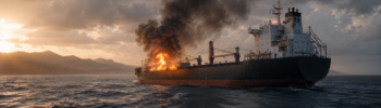 Cargo ship on fire at sea following an attack in the Bab el-Mandeb Strait amid rising Red Sea security concerns.