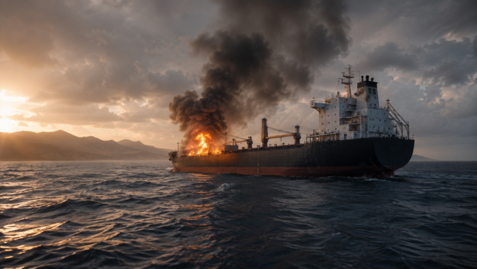Cargo ship on fire at sea following an attack in the Bab el-Mandeb Strait amid rising Red Sea security concerns.
