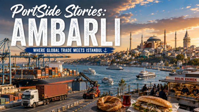 PortSide Stories: Ambarlı cover image featuring a container ship, cranes and cargo operations at Ambarlı alongside Istanbul’s iconic skyline, Bosphorus ferries, Hagia Sophia and Galata Tower, with traditional simit, Turkish tea and balık ekmek highlighting the city’s maritime trade and culture.
