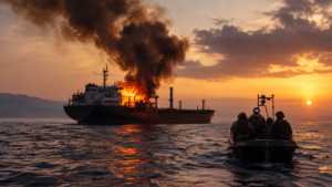 Cargo ship on fire in the Bab el-Mandeb Strait as a rescue vessel approaches amid rising smoke and flames.