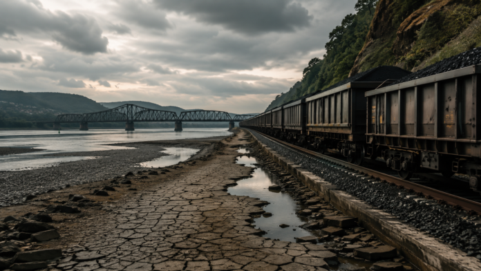 Low Rhine water forces cargo shift from barges to rail Freight train runs alongside the low Rhine as exposed riverbanks highlight severe low-water conditions disrupting inland shipping.