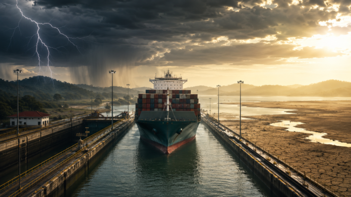 Containership transiting the Panama Canal amid contrasting storm conditions and drought-stricken landscape, illustrating El Niño-related water pressure.